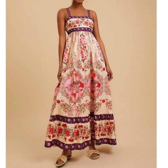 Boho Floral print High Waisted Ruffle Hem Cami Maxi Dress - Picture 1 of 7
